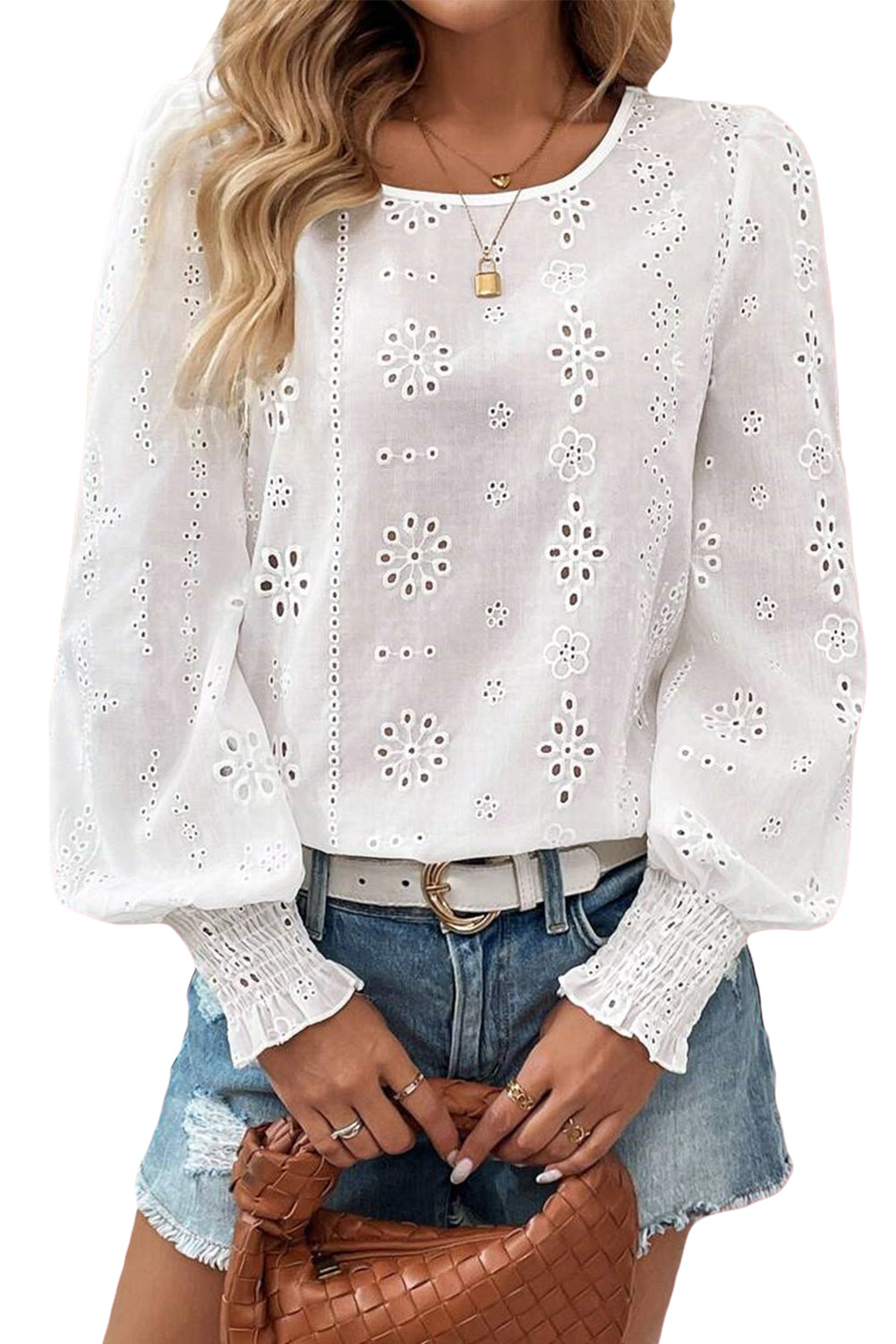 Shop White Eyelet Embroidered Smocked Cuff Sheer Blouse at LivelyLooks