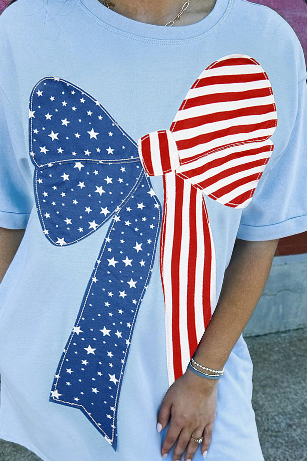 Blue Patriotic Big Bow Stitched T-Shirt Shift Mini Dress S-XL