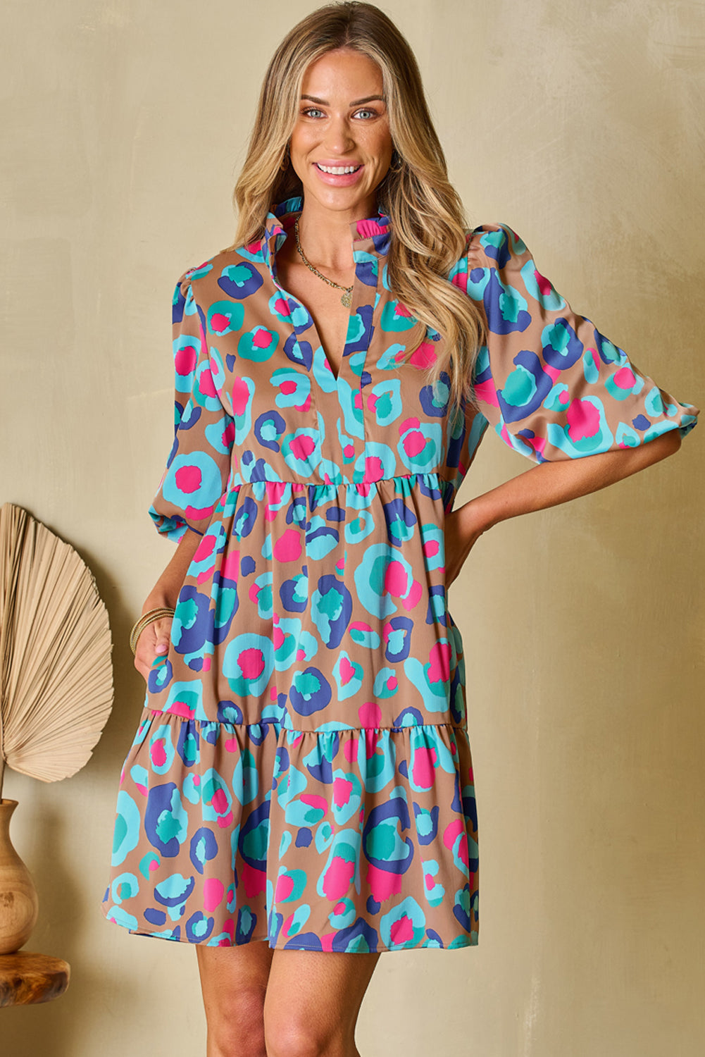 Women's Green Leopard Print Bubble Sleeve Slit Neck Ruffled Mini Dress at LivelyLooks
