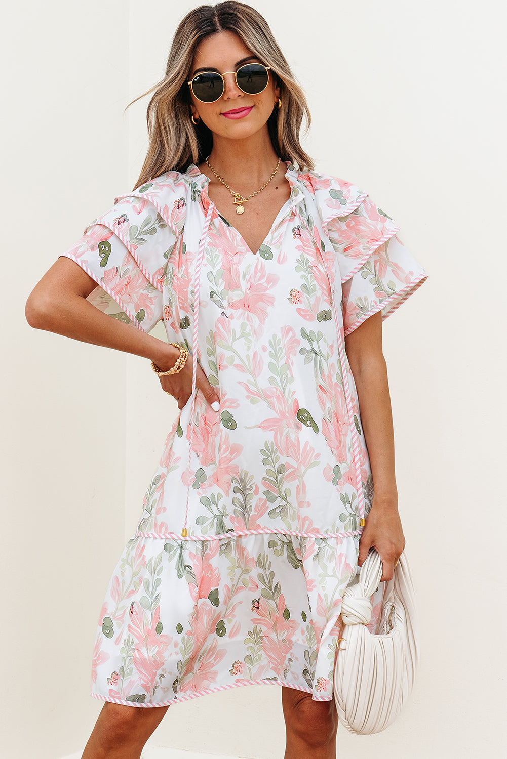 Floral Contrast Edge Layered Sleeve Mini Dress | Sky Blue & Pink