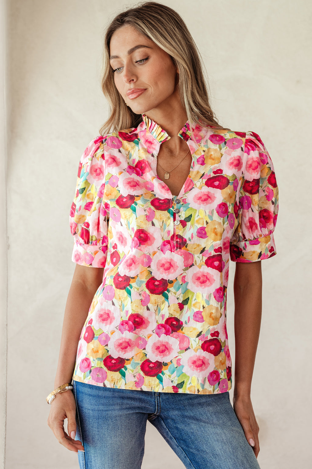 Pink Floral Frilled V Neck Puff Sleeve Blouse