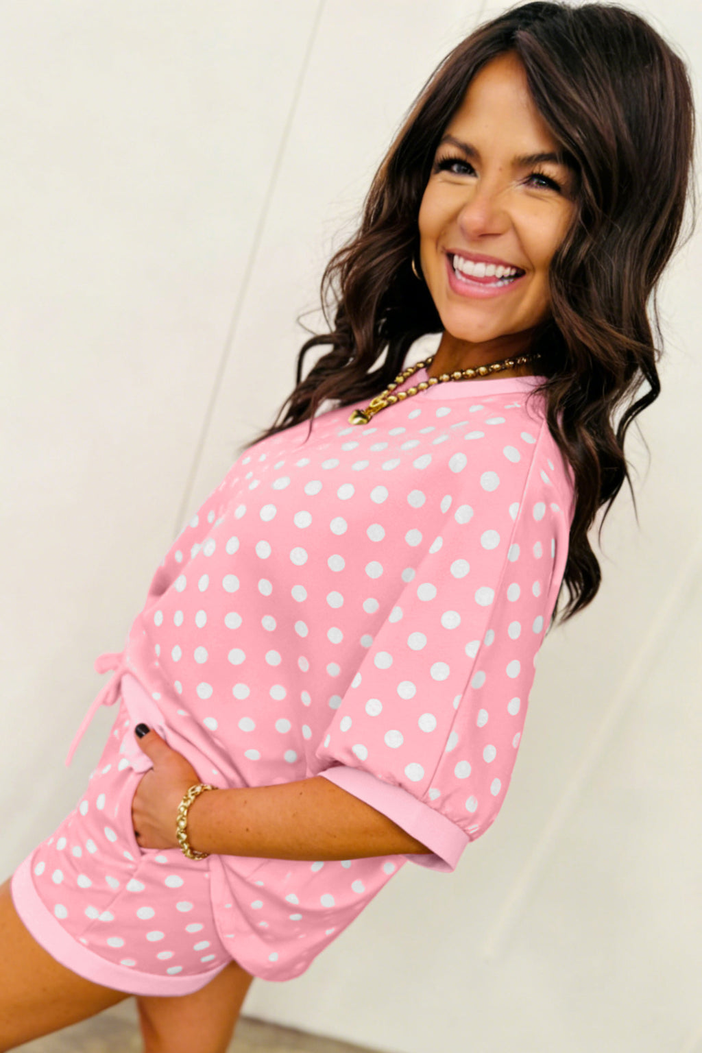 Polka Dot Oversized Top & Shorts Co-ord Set | Beige Pink Blue Green