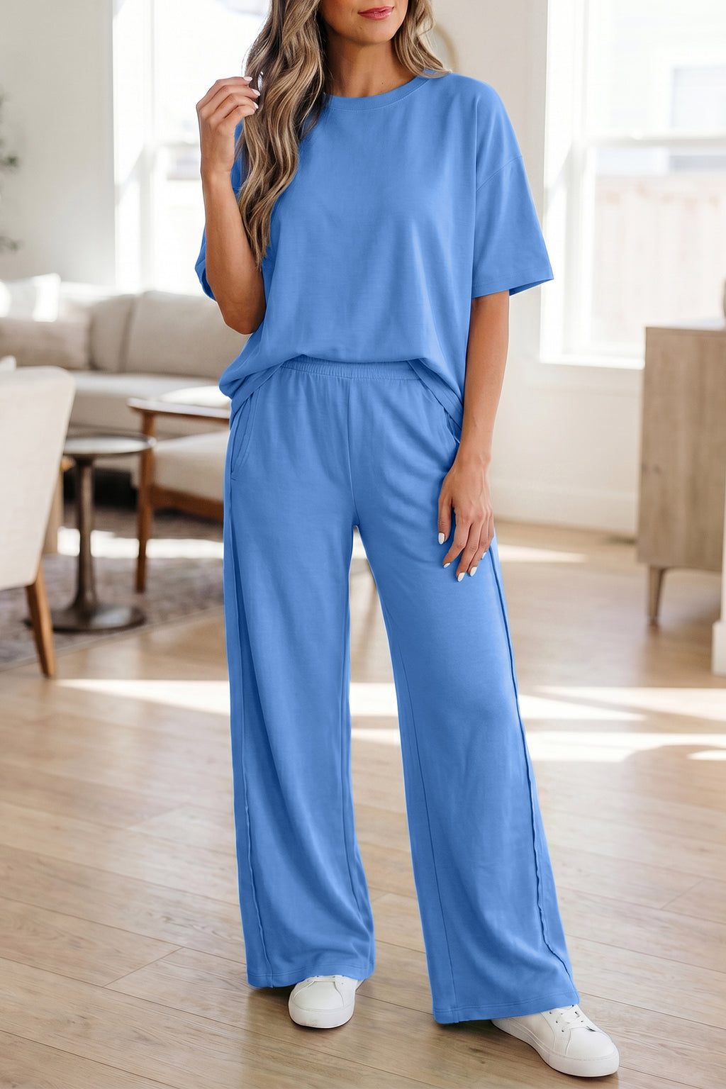 Solid Oversized Tee & Pocketed Wide Leg Trousers Set | 3 Colours | Sizes 8-22