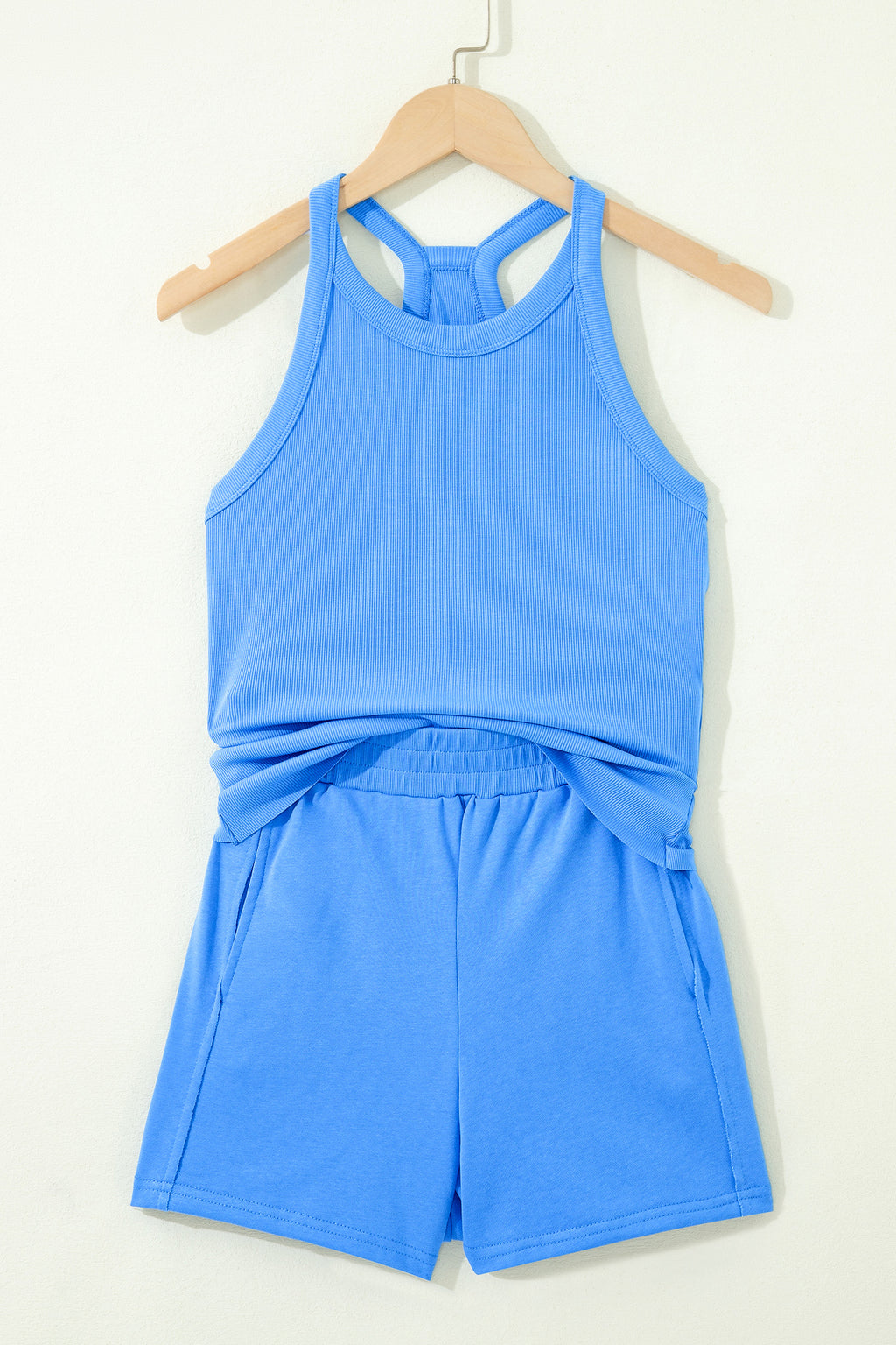 Ribbed Slim Tank Top & High Waist Shorts Set – Sky Blue, Pink & Green
