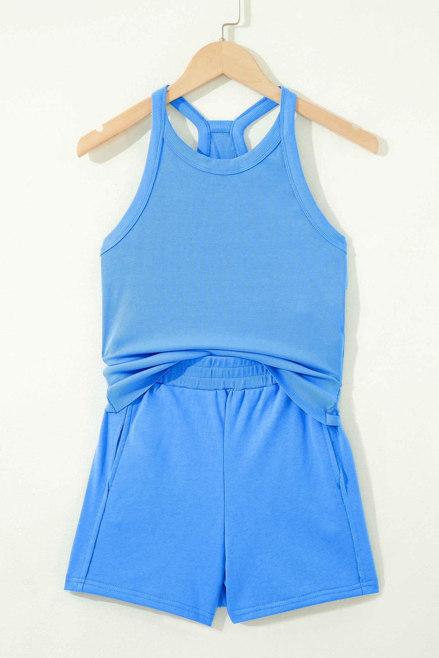 Ribbed Slim Tank Top & High Waist Shorts Set – Sky Blue, Pink & Green