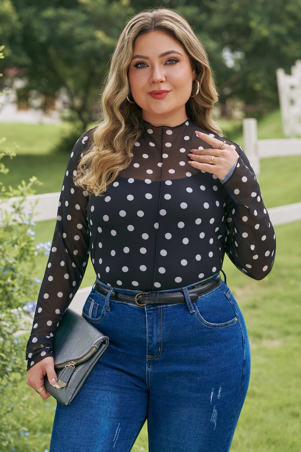 Black Plus Size Polka Dot Mock Neck Long Sleeve Mesh Top