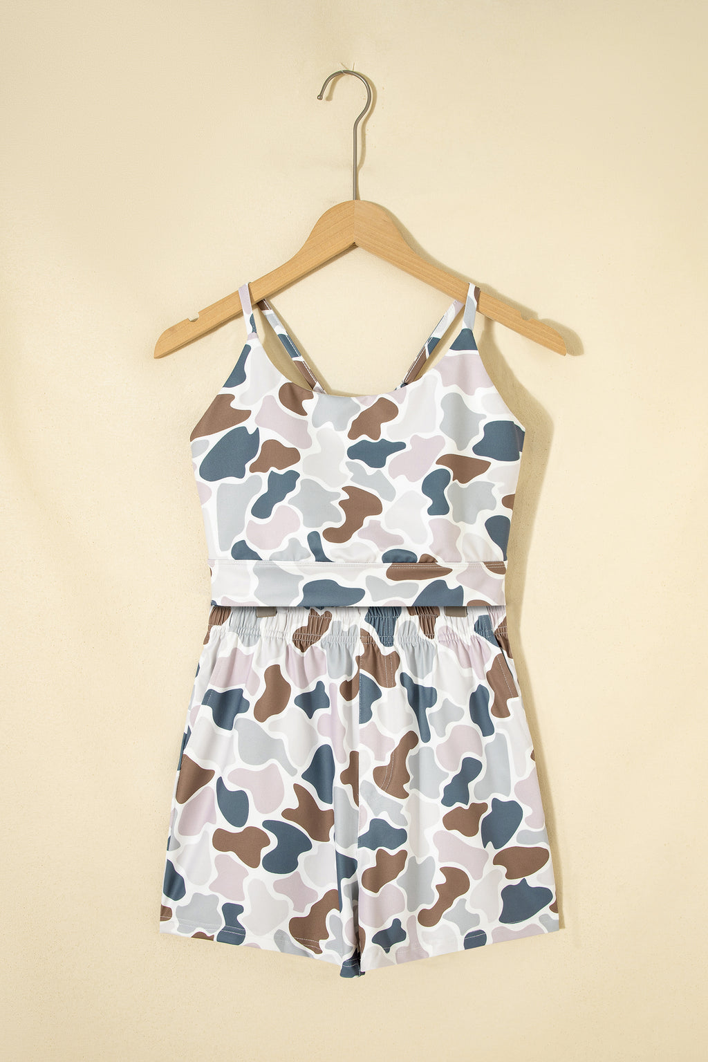 Camo Print Cropped Tank High-Rise Shorts Athleisure Set Green Multicolour S-XL