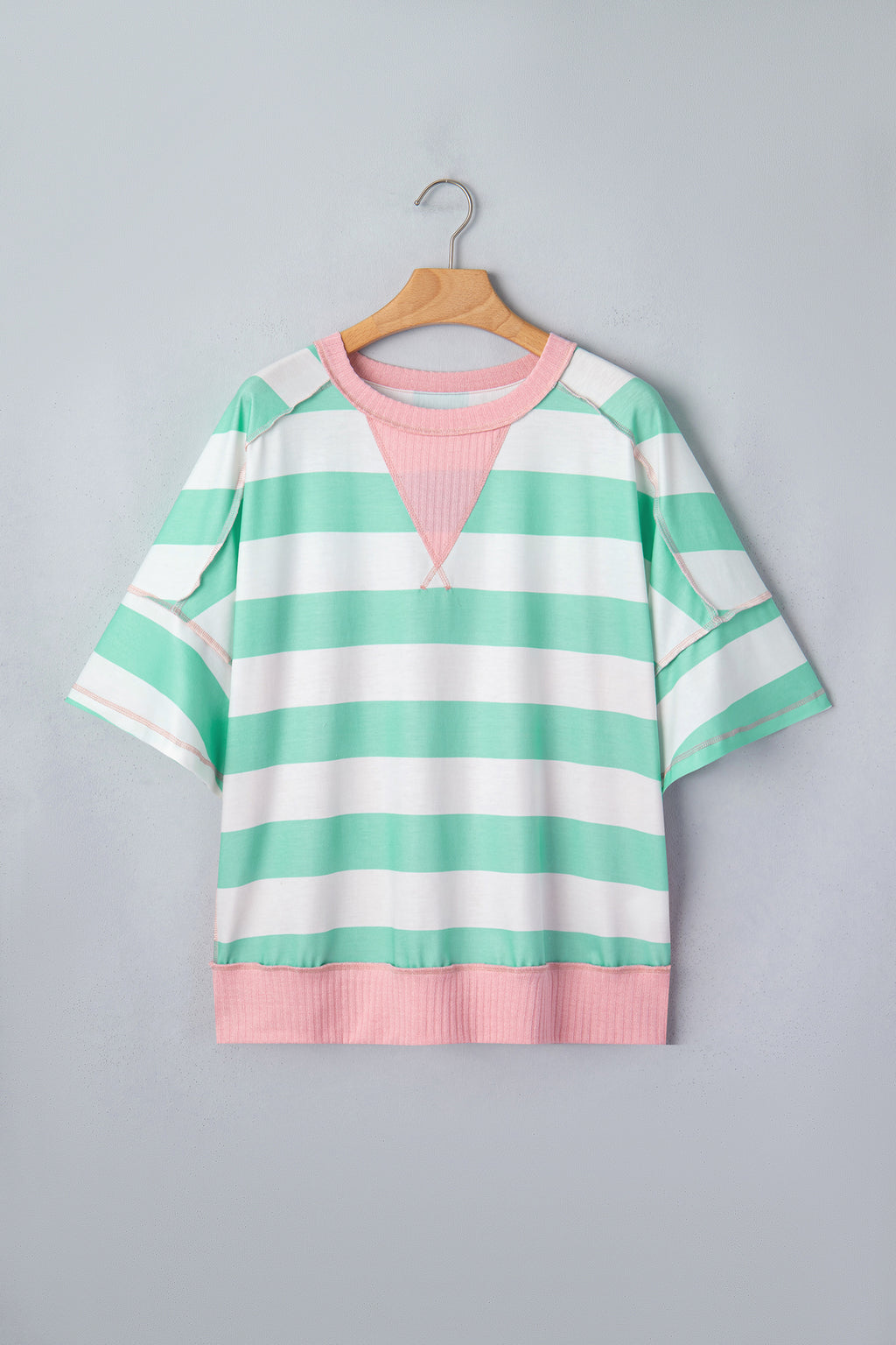 Stripe Colourblock Ribbed Patchwork Exposed Seam Oversized Tee | Pink & Green