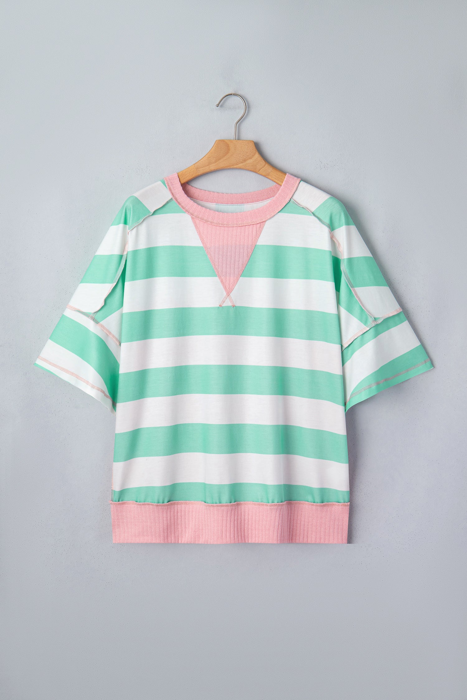 Stripe Colourblock Ribbed Patchwork Exposed Seam Oversized Tee | Pink & Green
