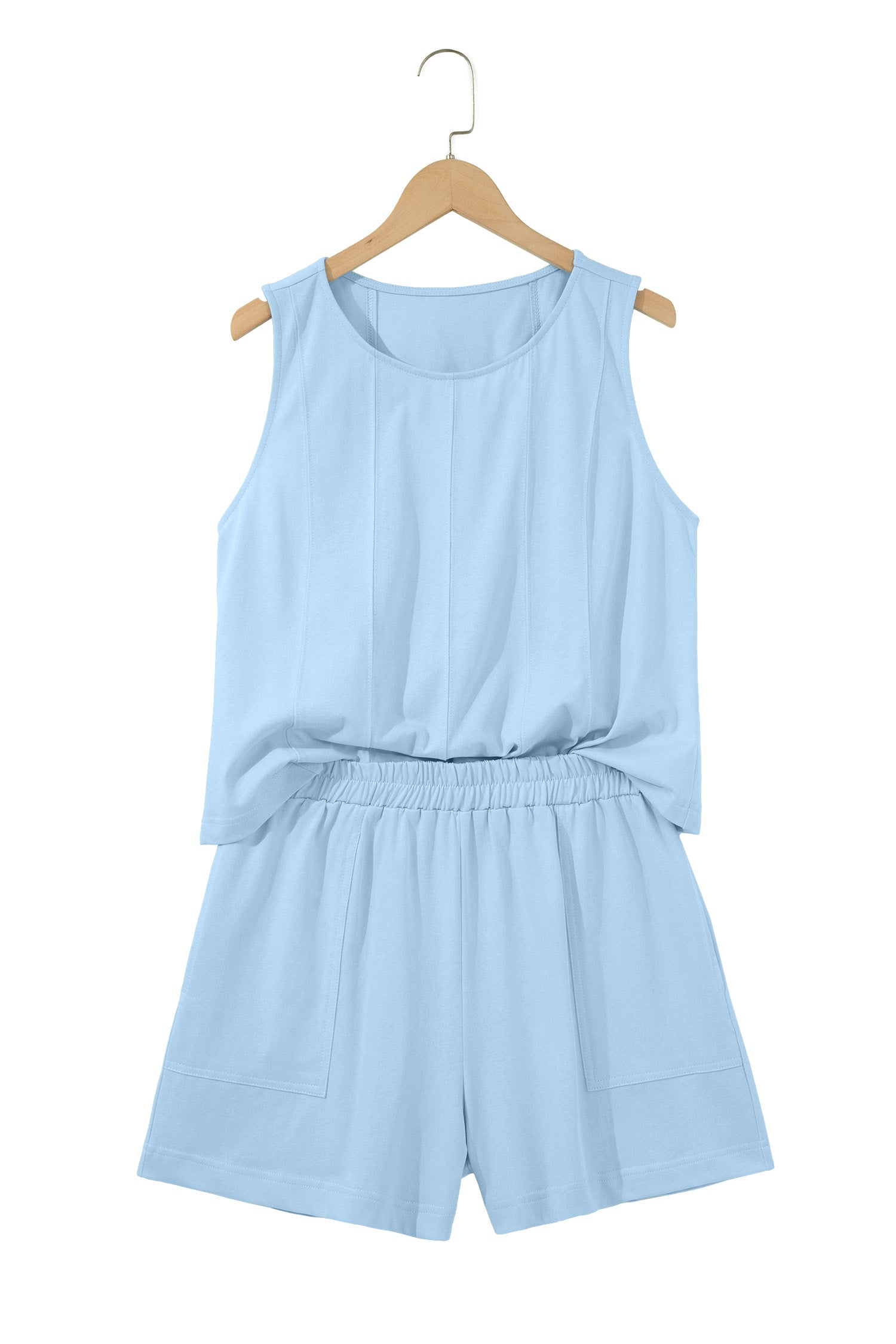 Women's Stitched Detail Tank Top & Shorts Co-ord Set Pink Mist Blue S-XL