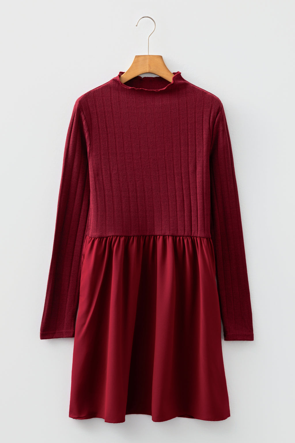 Black & Burgundy Frilled Neck Ribbed Knit Long Sleeve Mini Dress S-XL
