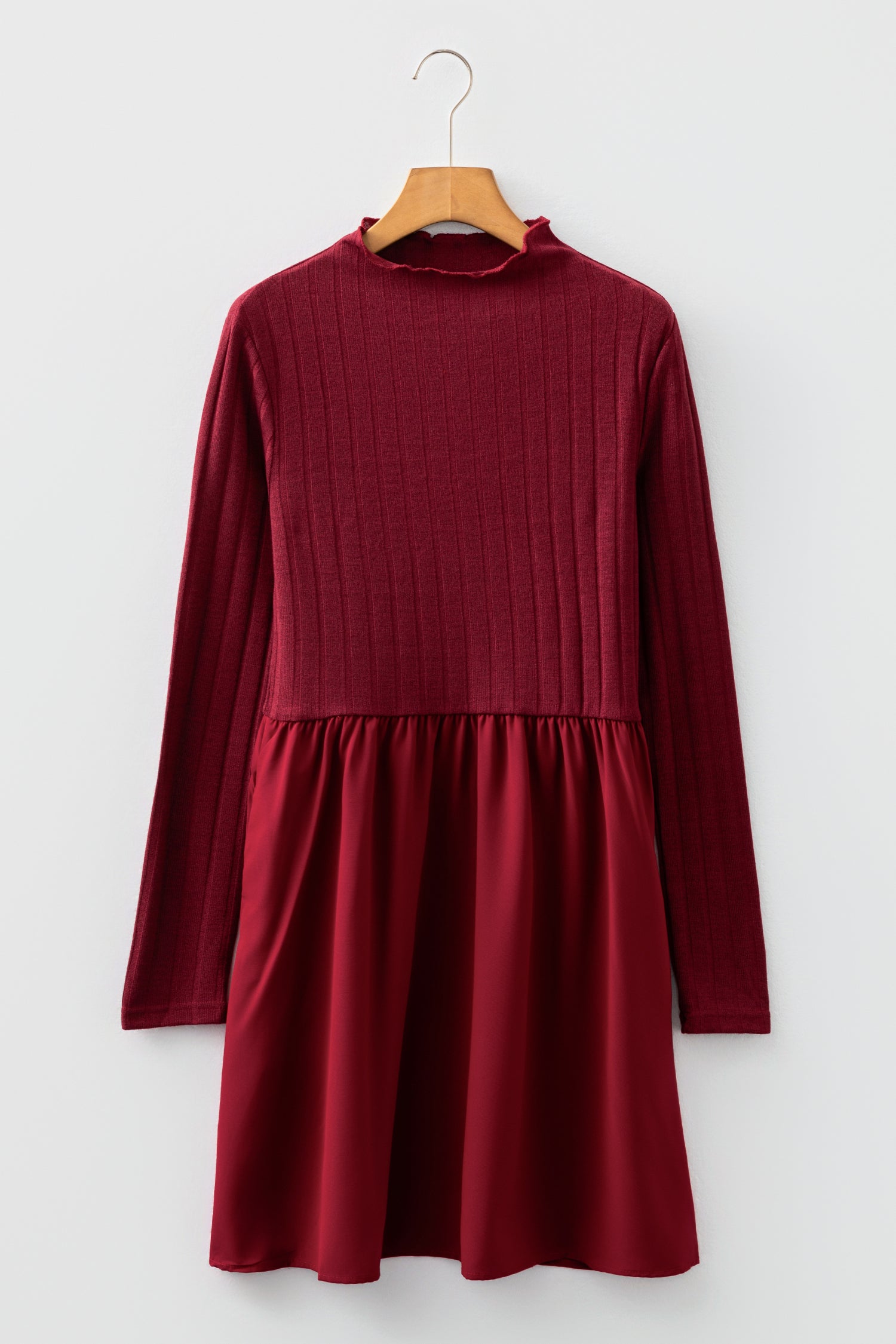 Black & Burgundy Frilled Neck Ribbed Knit Long Sleeve Mini Dress S-XL