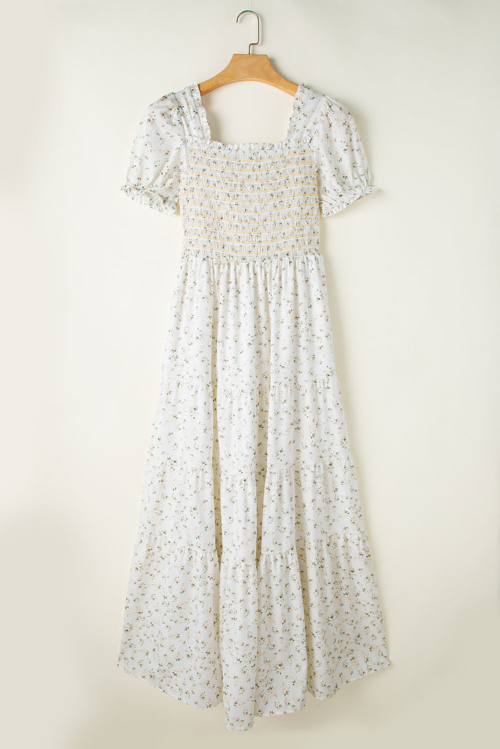 White Frilly Shirred Bodice Tiered Floral Maxi Dress S-2XL