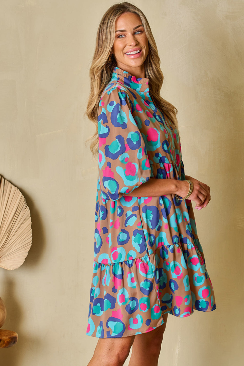 Women's Green Leopard Print Bubble Sleeve Slit Neck Ruffled Mini Dress at LivelyLooks