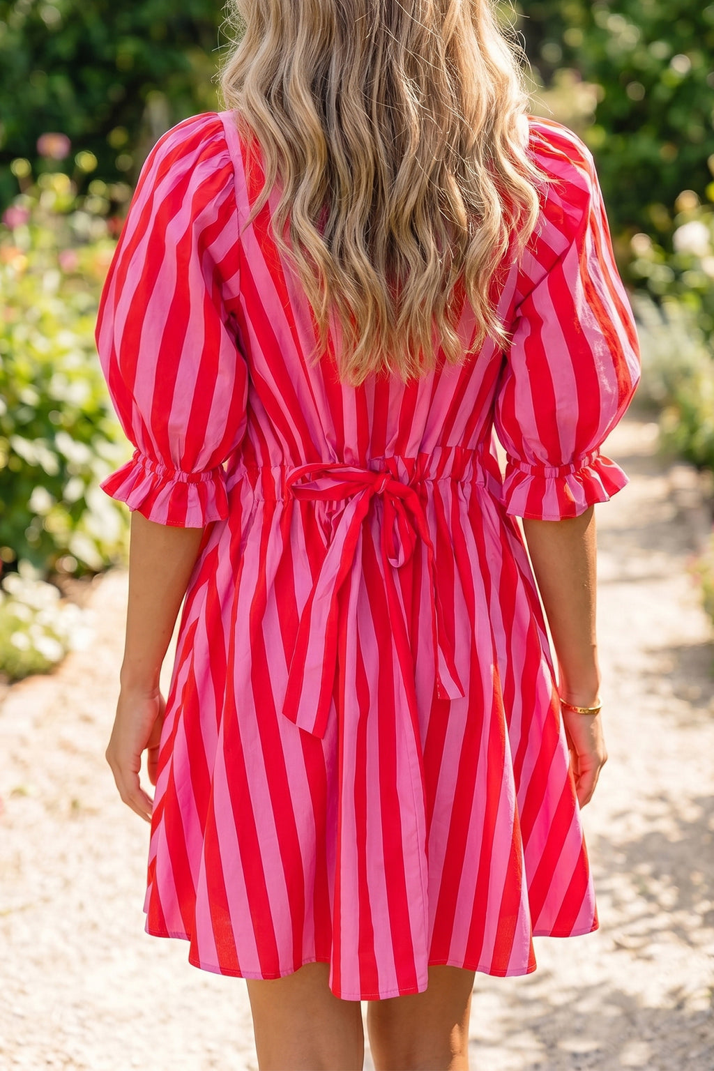 Striped Puff Sleeve Mini Dress | Half Button Loose Fit | Red & Yellow