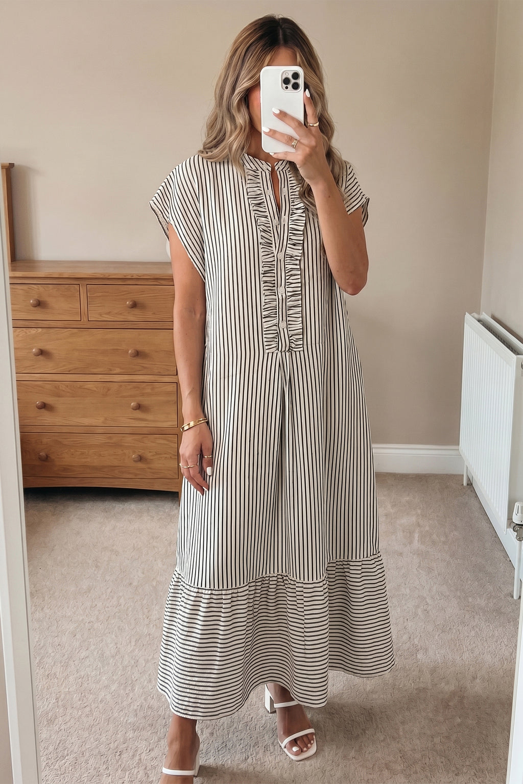 Black & Red Stripe Frilled Half Button Short Sleeve Maxi Dress