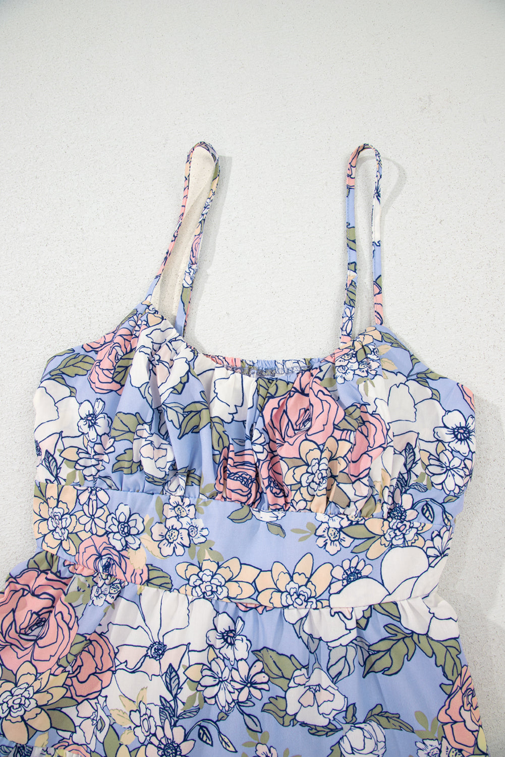 Sky Blue Floral Tiered Patchwork Spaghetti Strap Vacation Dress S-XL