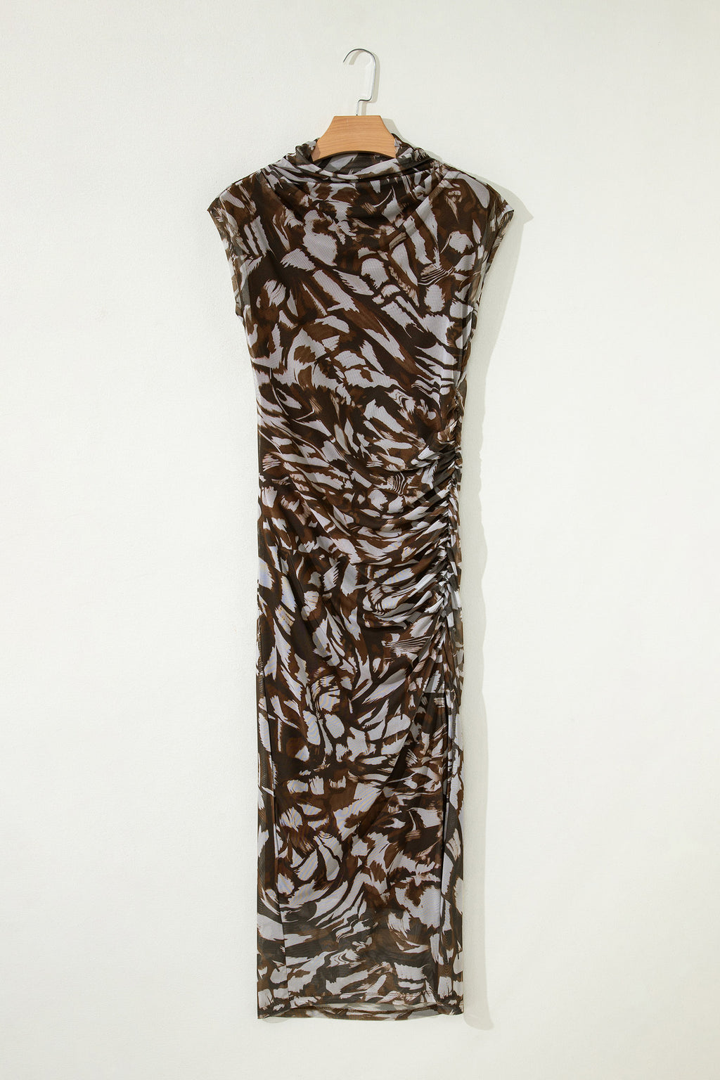 Brown Abstract Print Mesh Cowl Neck Ruched Midi Dress with Slit S-XL