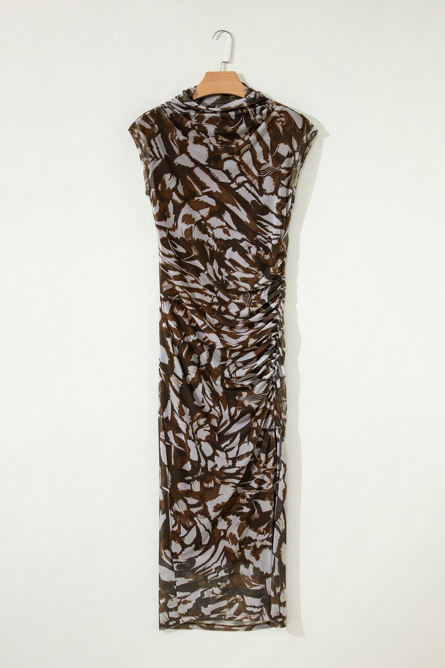 Brown Abstract Print Mesh Cowl Neck Ruched Midi Dress with Slit S-XL