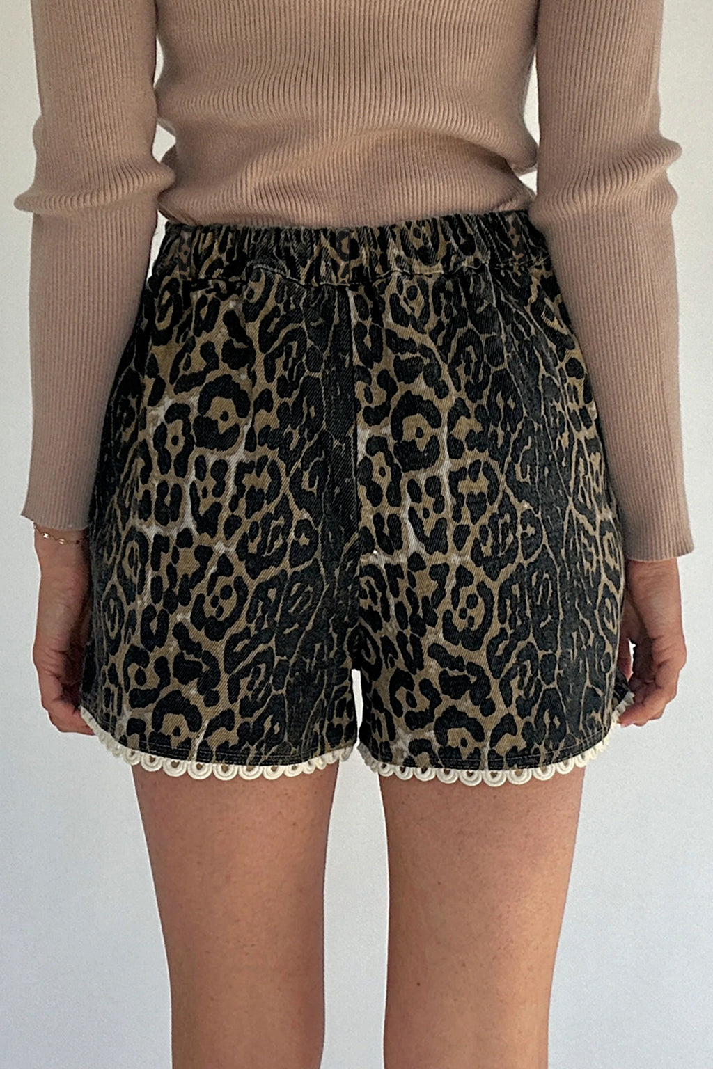 Shop Khaki Leopard Denim Shorts Scalloped Lace Trim Women S-XL at LivelyLooks
