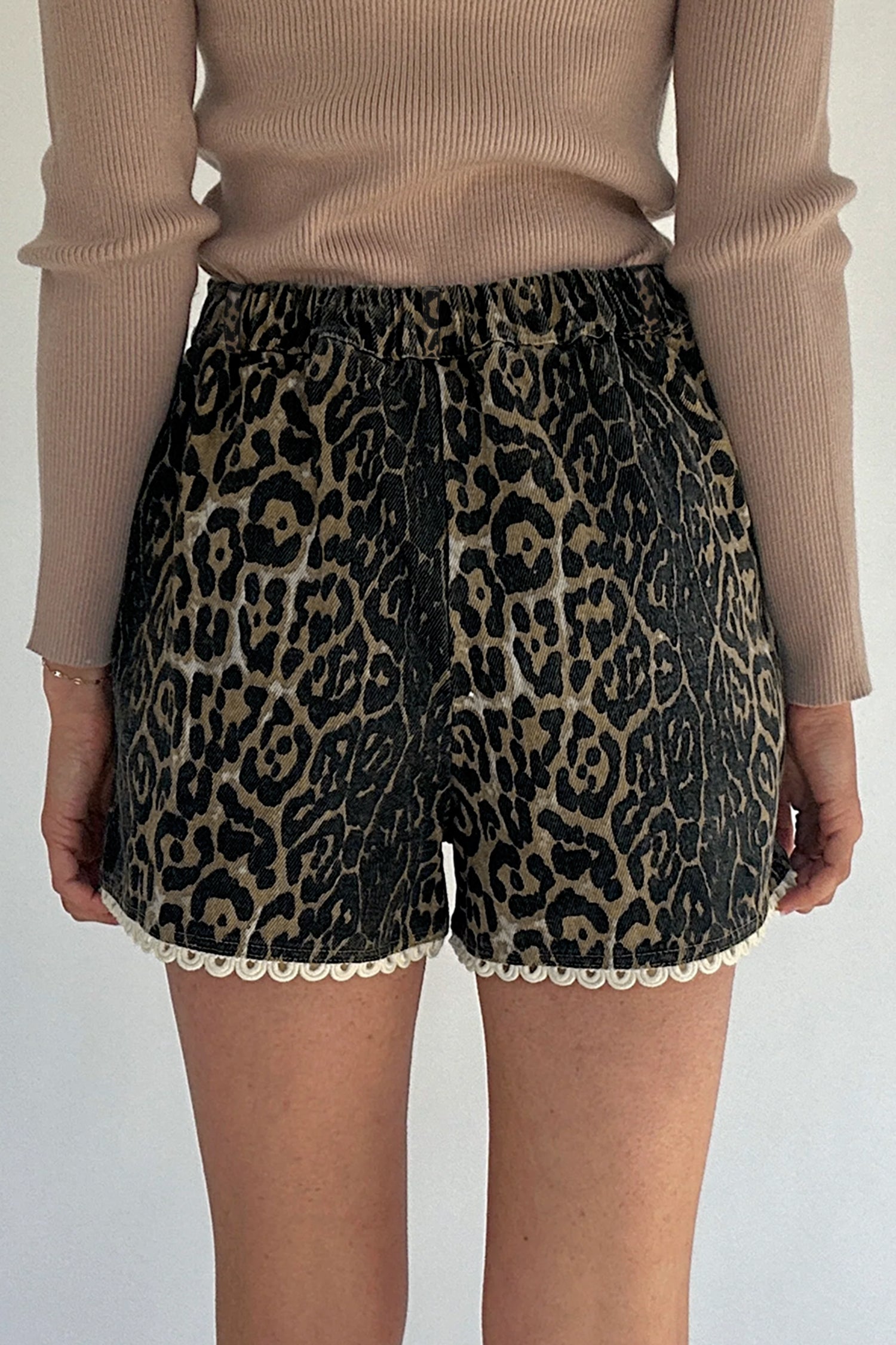 Shop Khaki Leopard Denim Shorts Scalloped Lace Trim Women S-XL at LivelyLooks