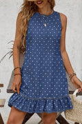 Blue Polka Dot Ruffle Hem Sleeveless Denim Mini Dress S-XL