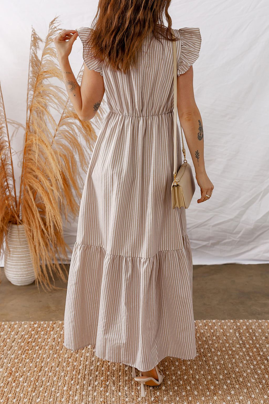 Shop Stripe Flutter Sleeve Button Front Slit Maxi Dress | S-XL at LivelyLooks