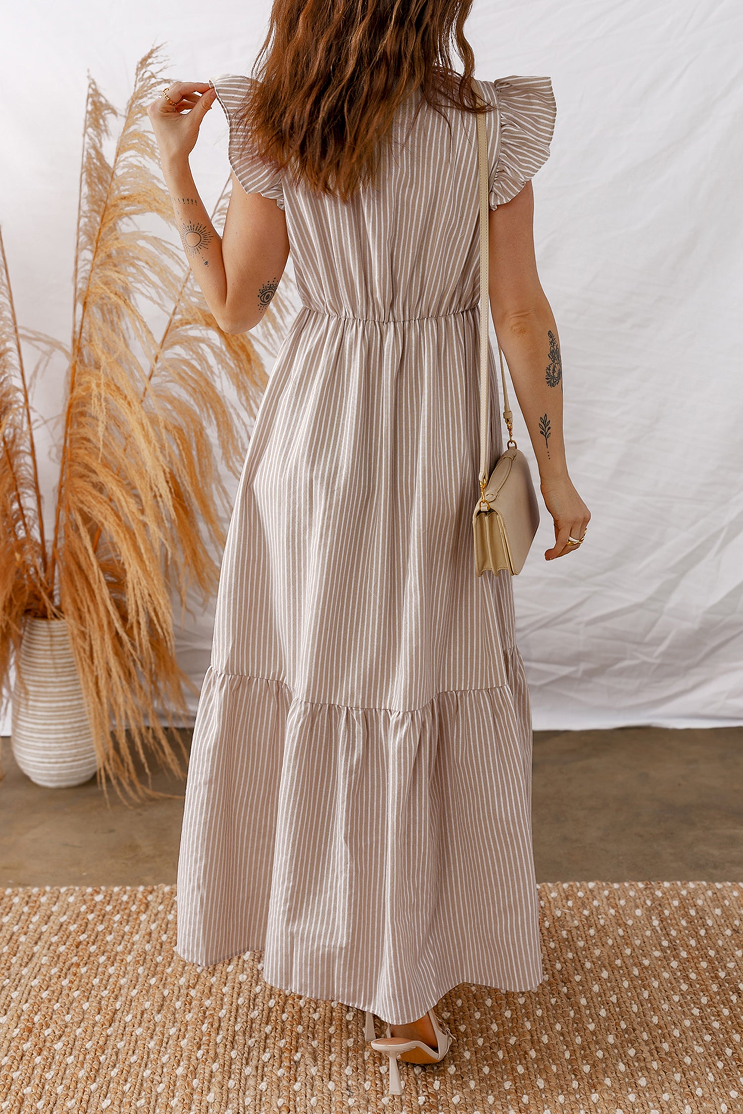 Shop Stripe Flutter Sleeve Button Front Slit Maxi Dress | S-XL at LivelyLooks