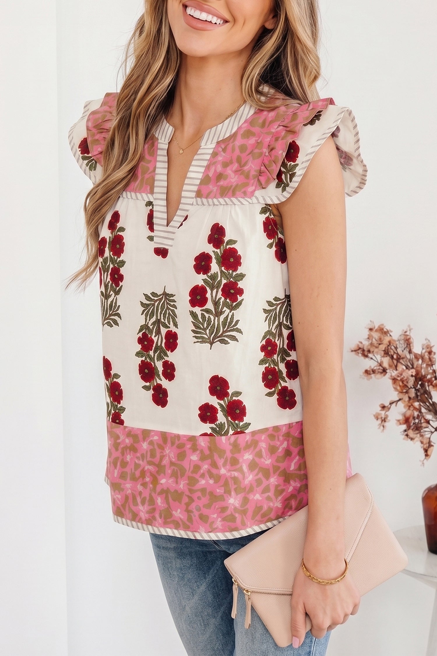 White Floral Print Flutter Blouse Contrast Striped Trim Cotton Women S-XL