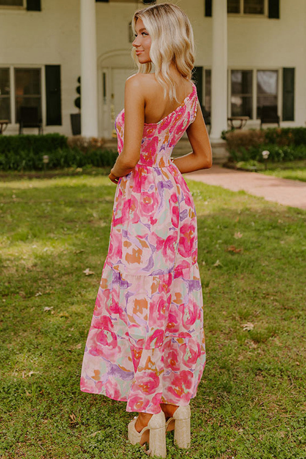 LivelyLooks Pink Abstract Floral Shirred One-Shoulder Maxi Dress women's fashion