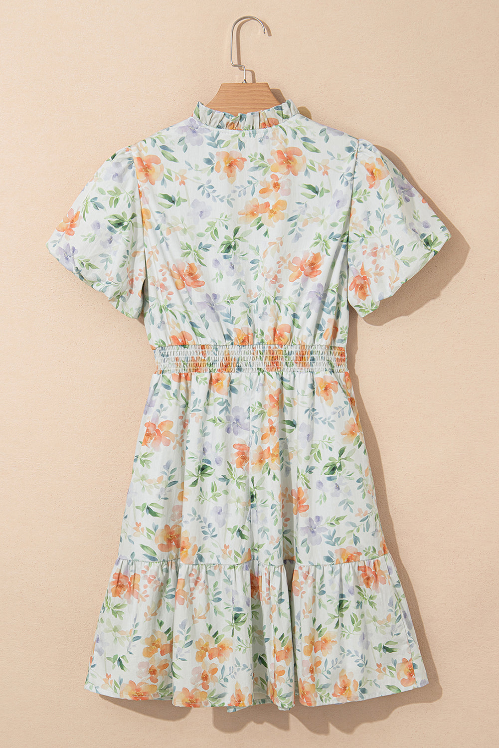 Beige Floral Shirred High Waist Puff Sleeve Mini Dress S-XL
