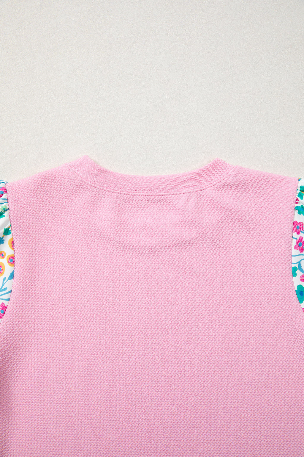 Pink Floral Bubble Sleeve Textured Contrast Round Neck Blouse