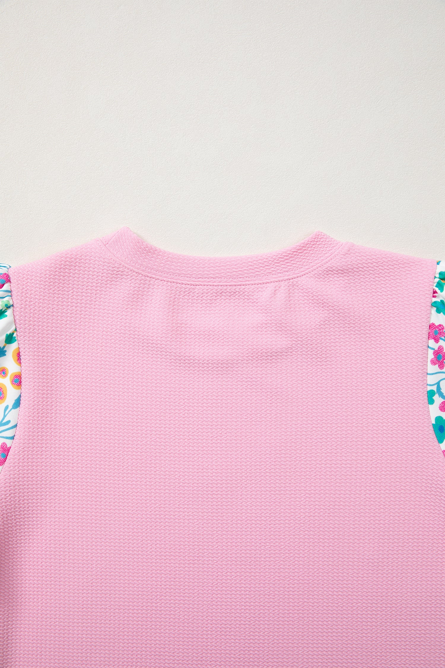 Pink Floral Bubble Sleeve Textured Contrast Round Neck Blouse