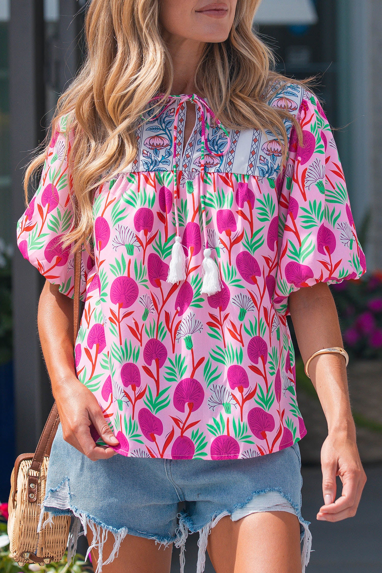Shop Pink Floral Print Short Sleeve Contrast Patchwork Tassel Tie Blouse at LivelyLooks