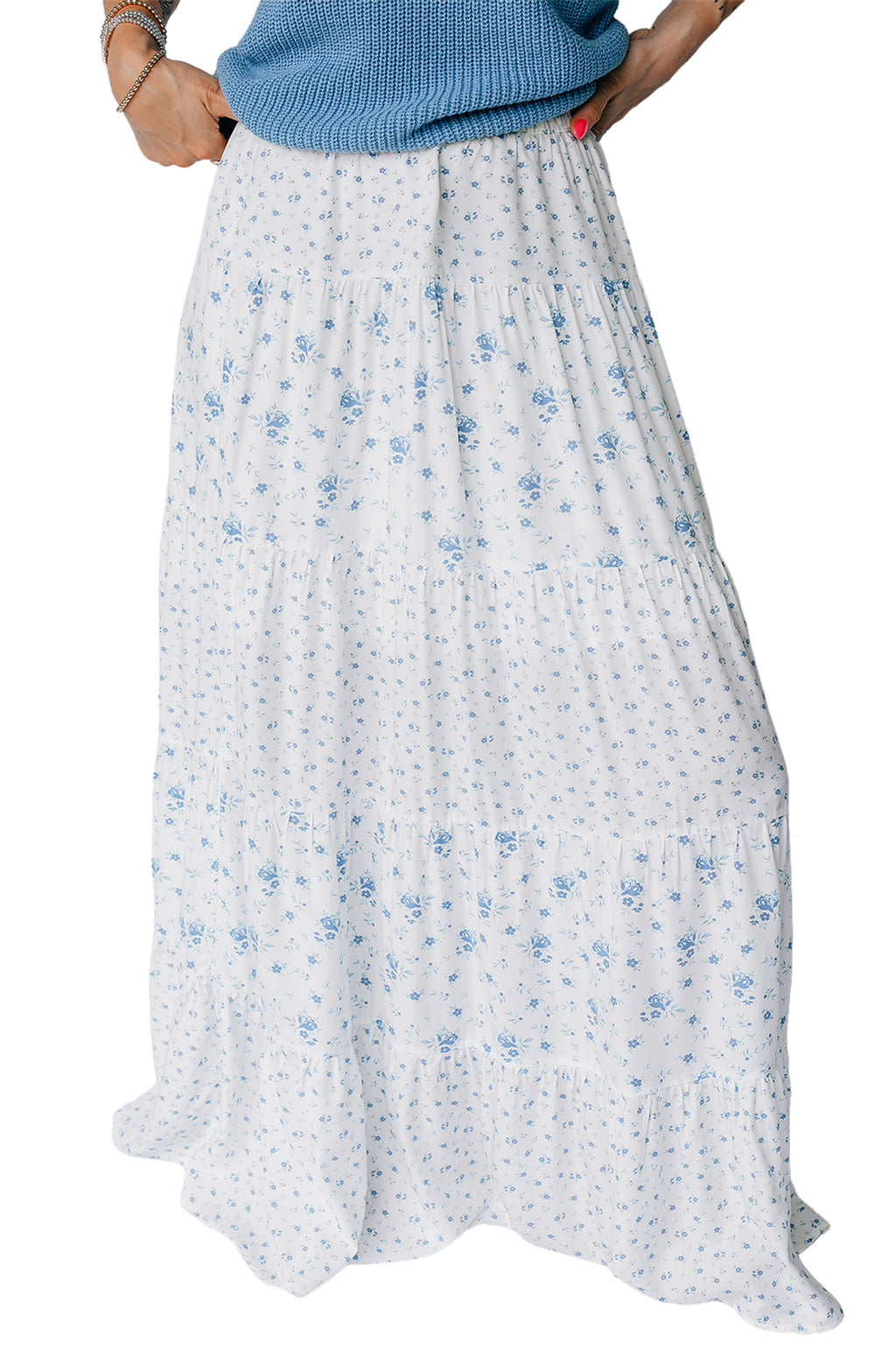 Women's Women's Boho Floral Tiered Maxi Skirt Patchwork Ruffled Elastic Waist White S-XL at LivelyLooks