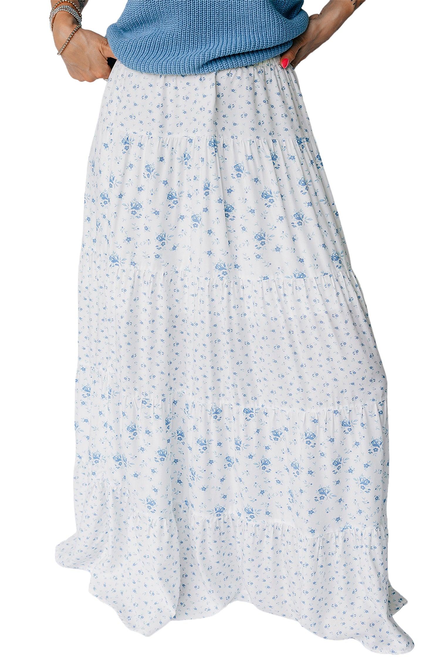 Women's Women's Boho Floral Tiered Maxi Skirt Patchwork Ruffled Elastic Waist White S-XL at LivelyLooks