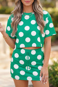 Green Polka Dot 2pcs Set Cropped Tee Bodycon Skort Women S-XL