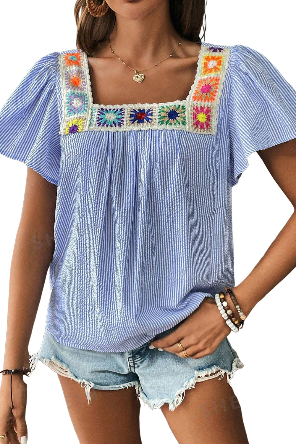 Sky Blue Stripe Ruffle Square Neck Boho Blouse