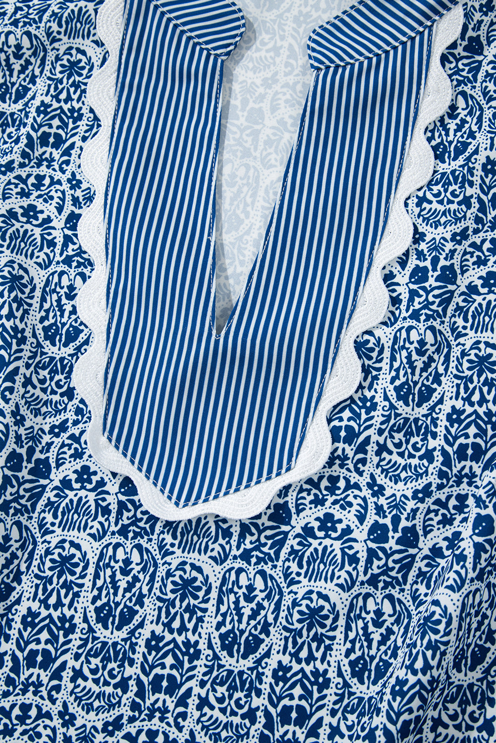 Blue Floral Striped Contrast Ric-Rac Trim Puff Sleeve Top