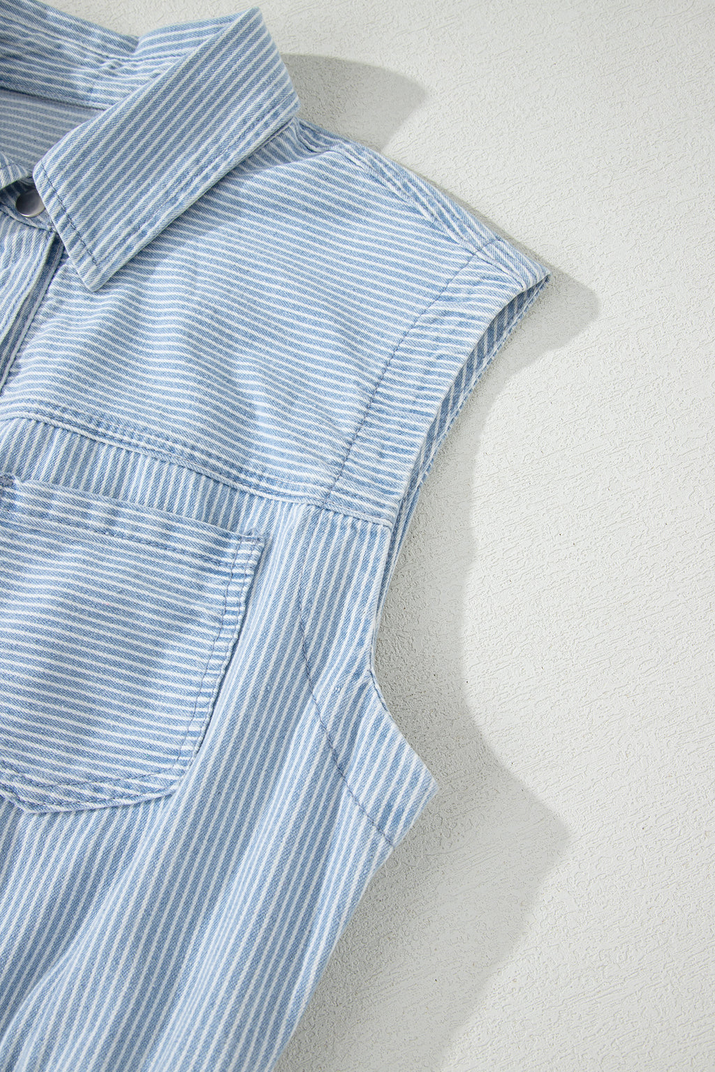 Women's Sky Blue Stripe Denim Mini Dress Collared Button Front Sleeveless S-XL at LivelyLooks