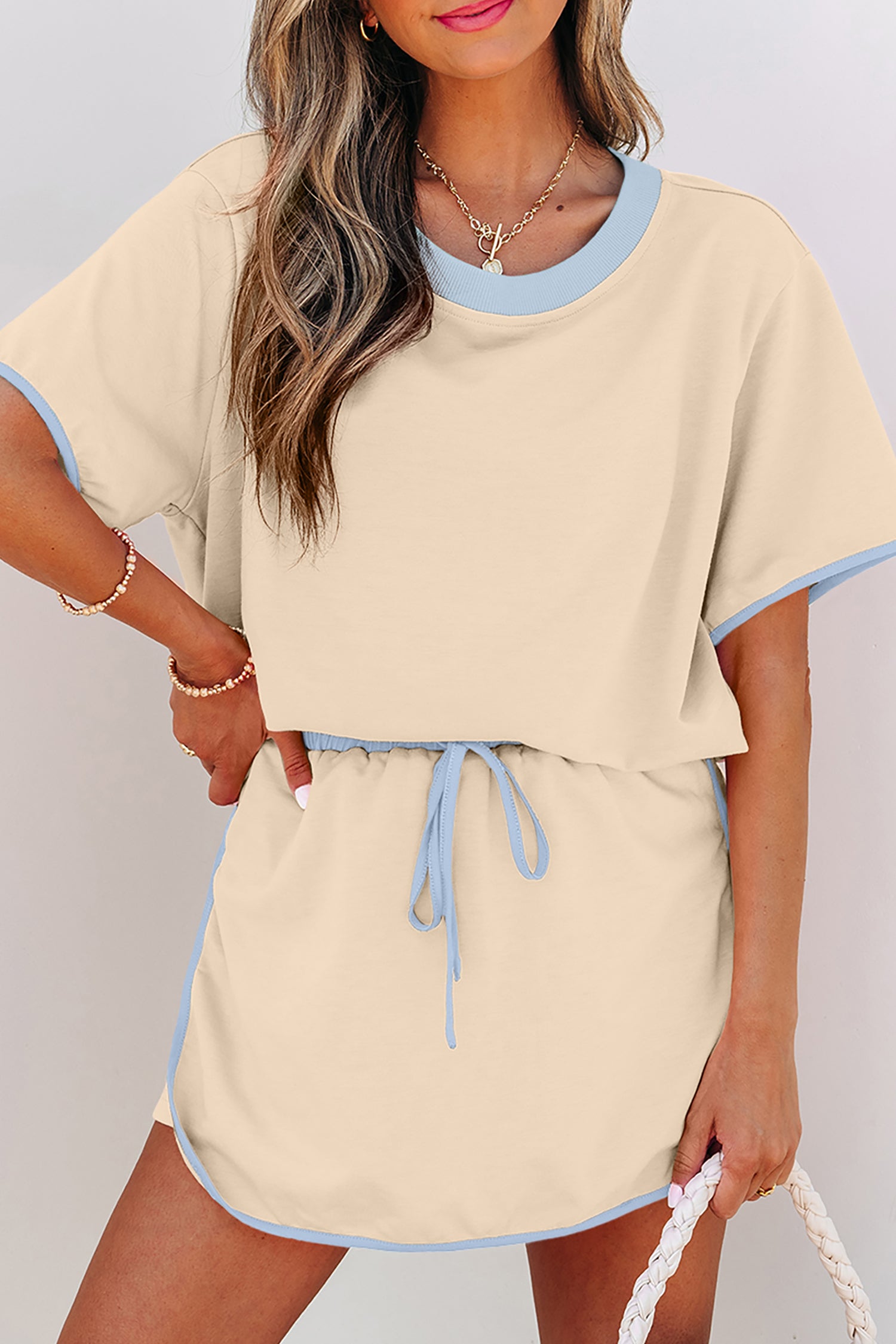 Colourblock Drop Shoulder T-Shirt & Skort 2-Piece Set Beige Black Green