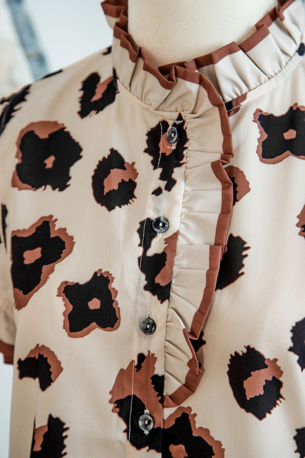 Khaki Leopard Printed Ruffle Sleeve Summer Blouse Animal Pattern Holiday Top
