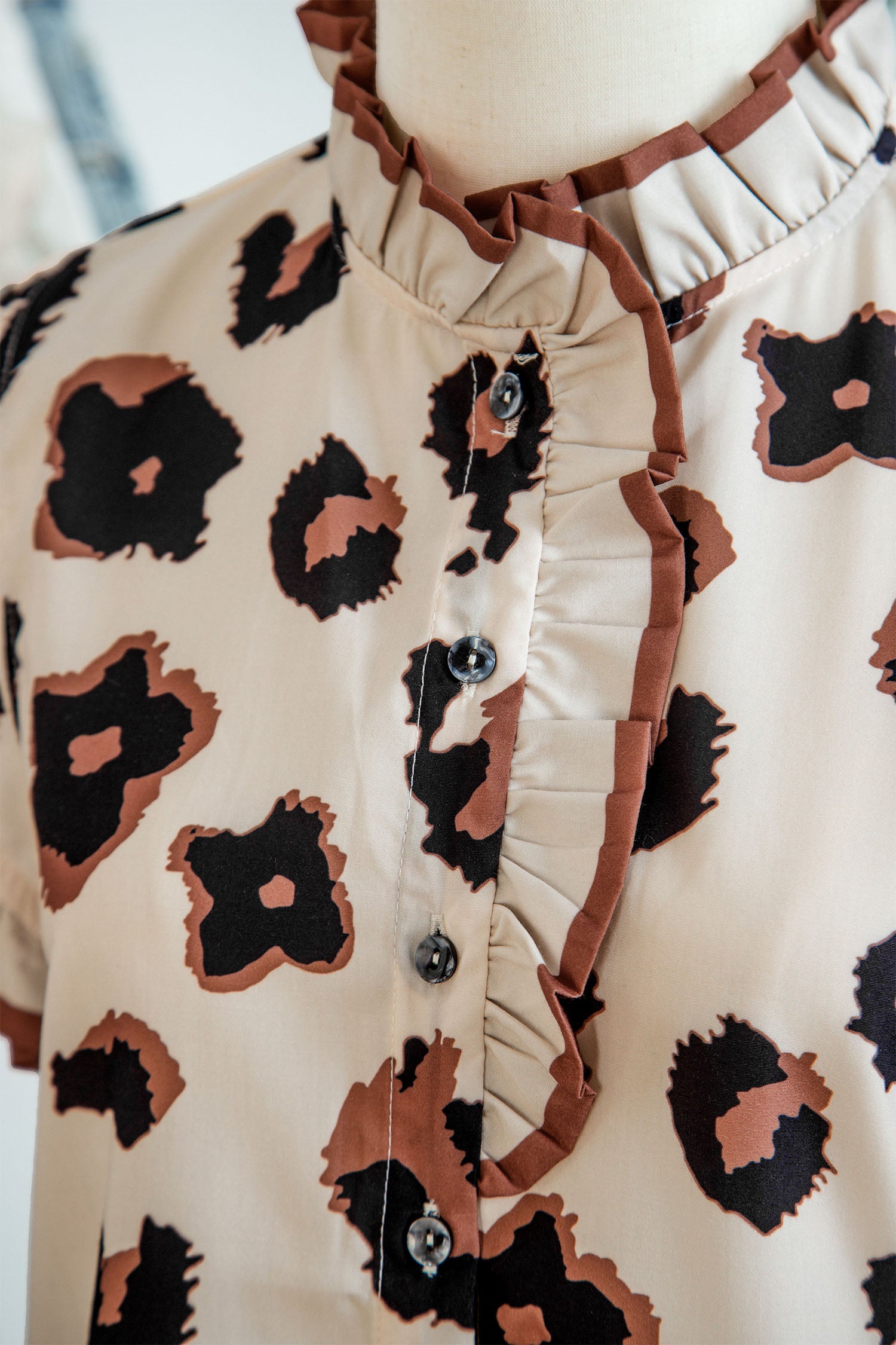 Khaki Leopard Printed Ruffle Sleeve Summer Blouse Animal Pattern Holiday Top