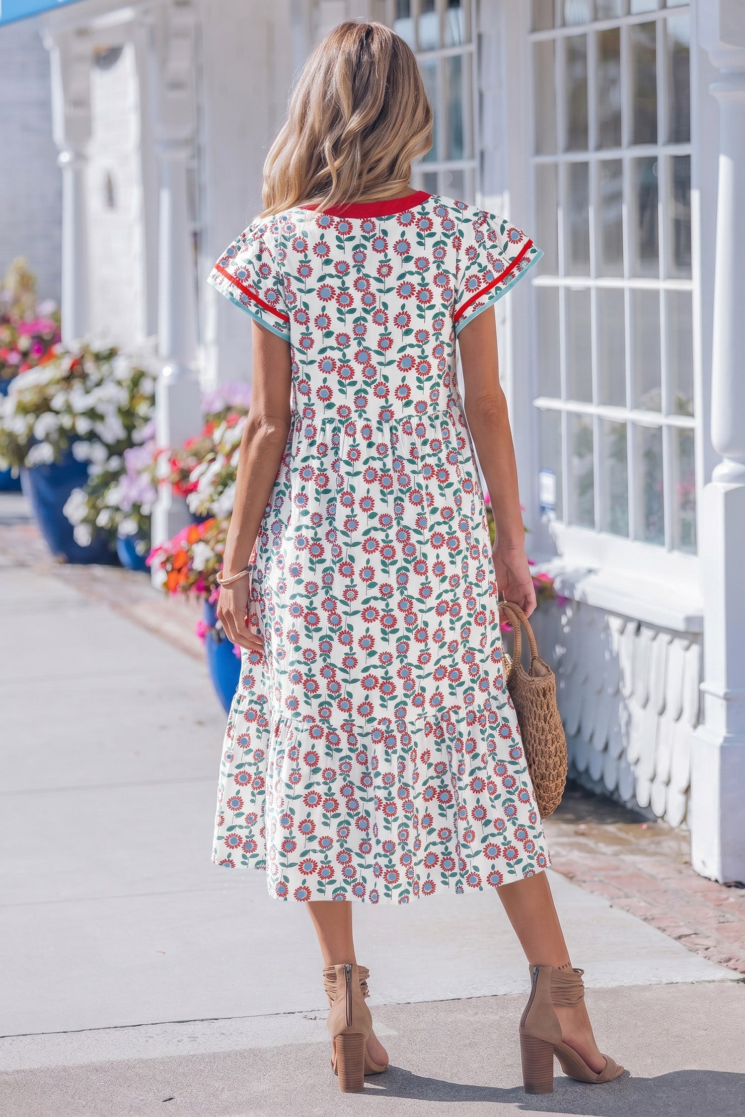 Sunflower Print Flutter Sleeve Maxi Dress Striped Trim Sky Blue Red UK 8-22