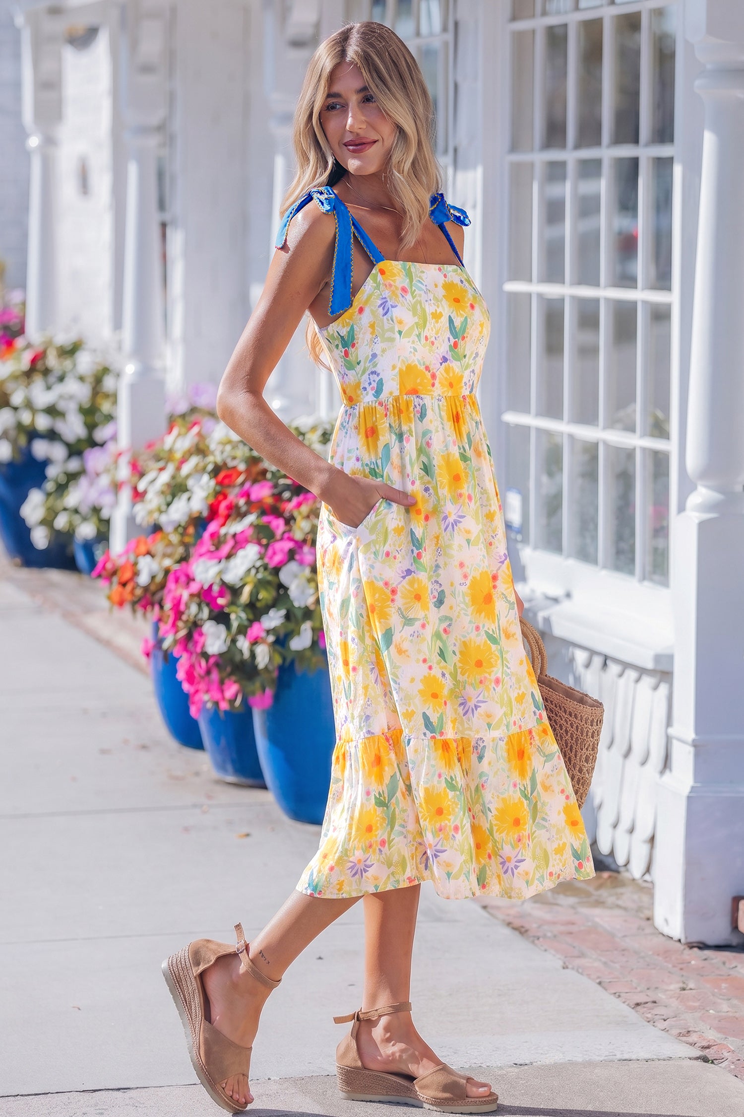 Shop Yellow Floral Print Contrast Stitched Knot Denim Straps High Waist Dress at LivelyLooks