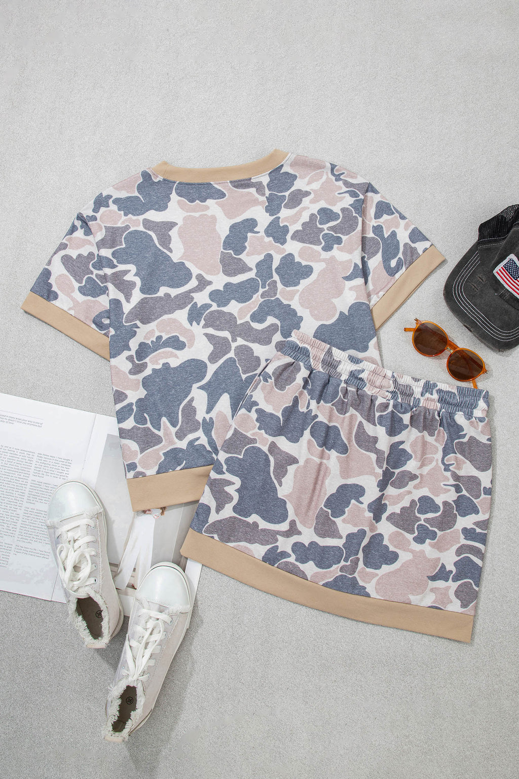 Retro Camo Colour Block Ribbed Trim Top & Skort Set – Multicolour