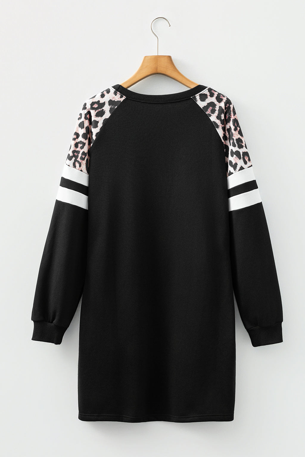 Women's Black Leopard Print Patchwork Varsity Raglan Sleeve Sweatshirt Dress at LivelyLooks