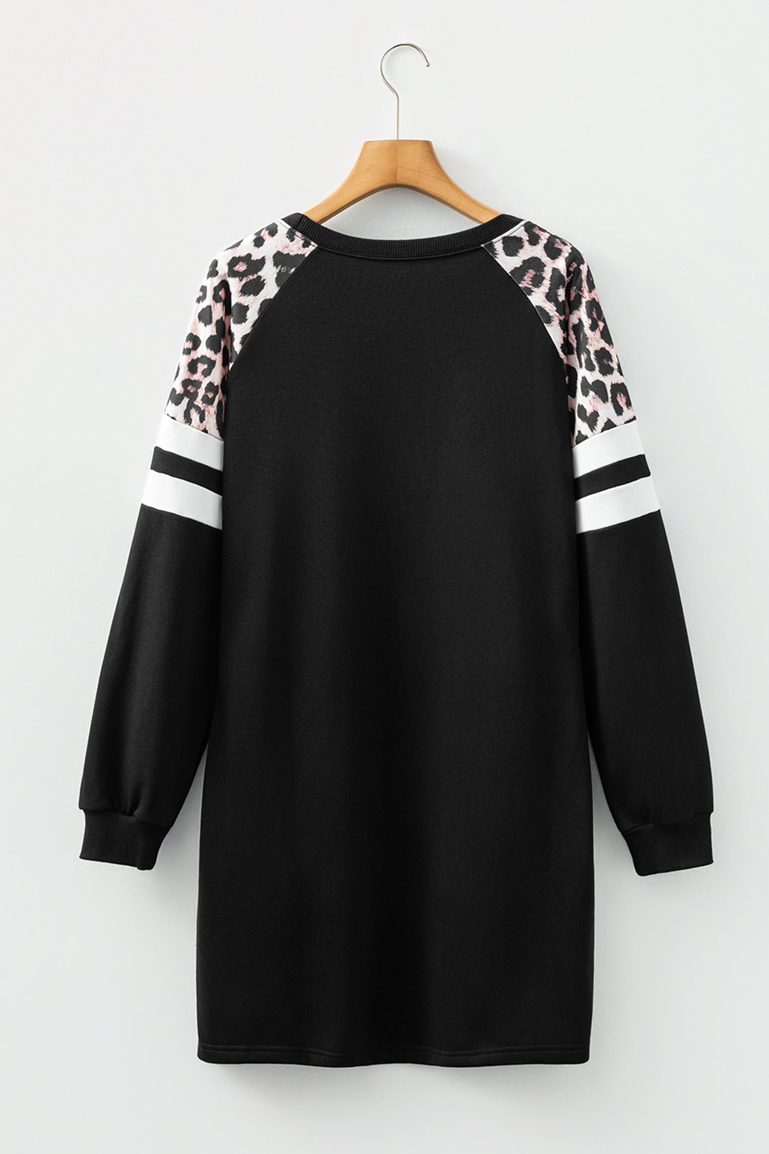 Women's Black Leopard Print Patchwork Varsity Raglan Sleeve Sweatshirt Dress at LivelyLooks
