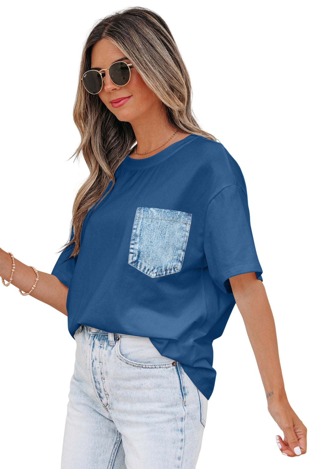 LivelyLooks Sail Blue Colour Block Chest Pocket Casual Short Sleeve Top women's fashion