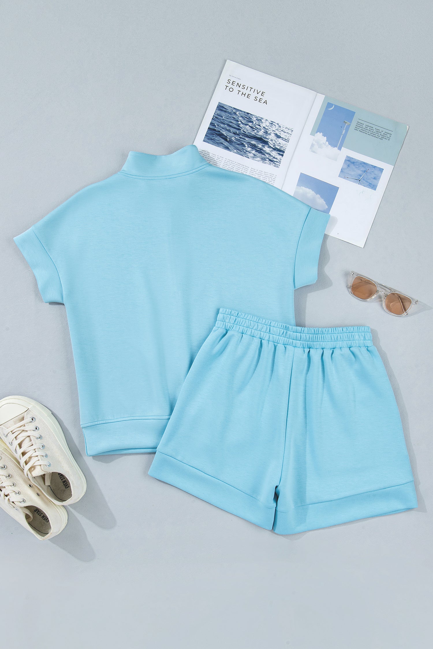 LivelyLooks Blue Half-Zip High Neck Athleisure Short Set | S-XL women's fashion